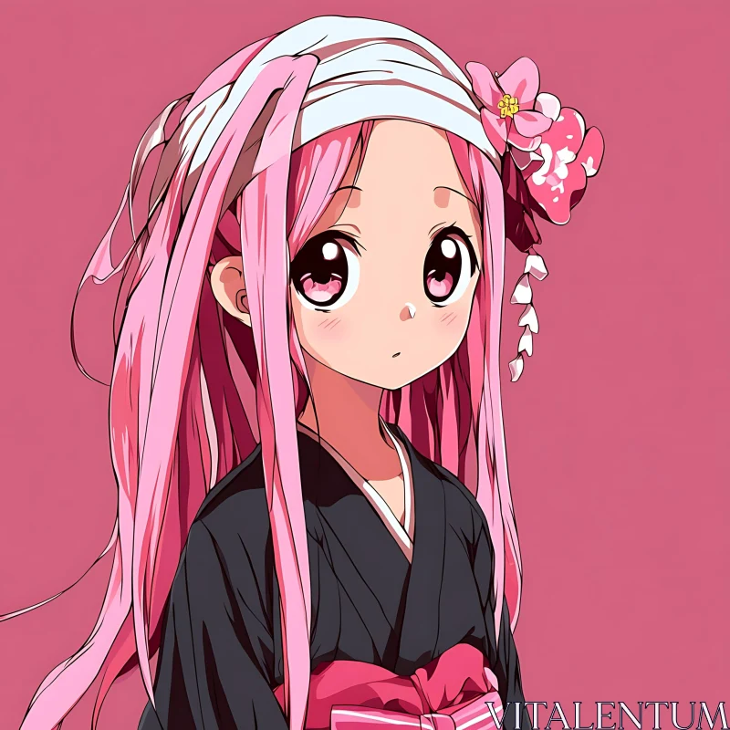 Anime Character with Pink Hair and Flower Accessory AI Image