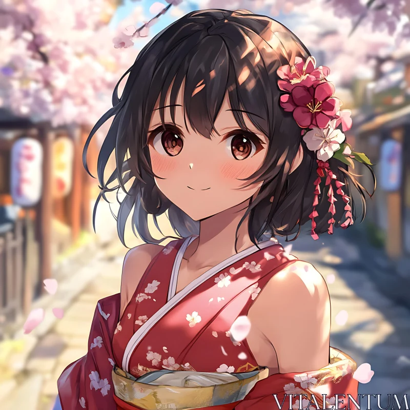 Smiling Anime Girl in Floral Kimono AI Image