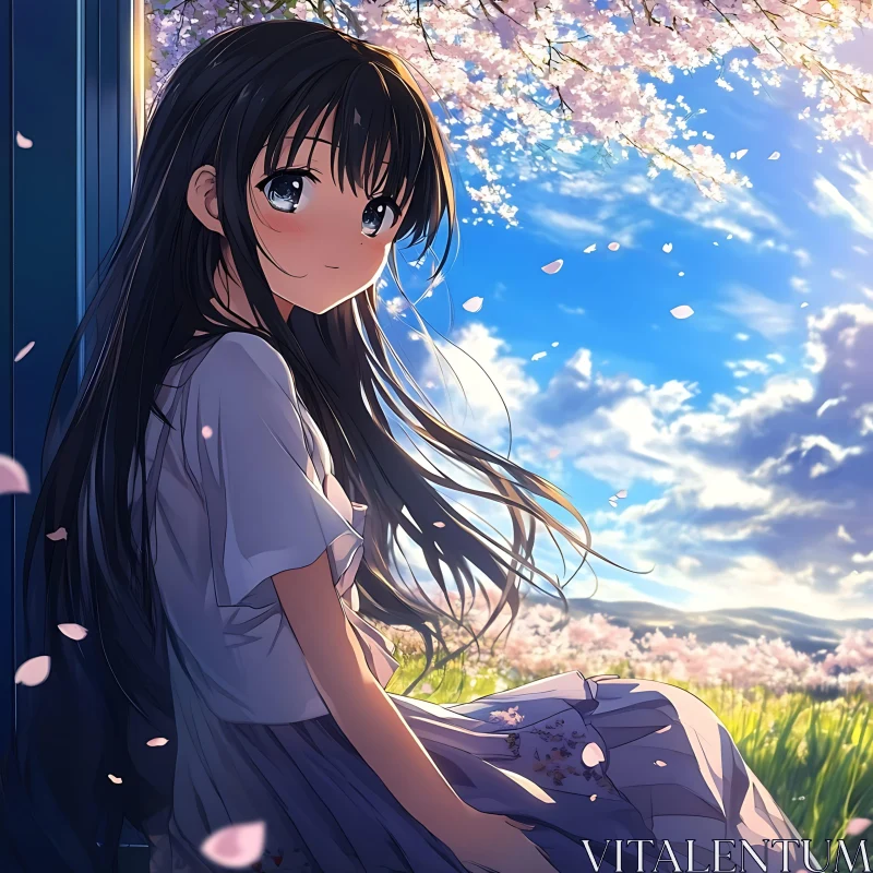 Anime Girl in a Field of Cherry Blossoms AI Image