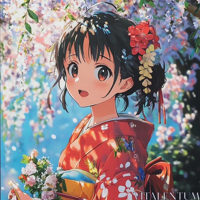 Springtime Anime Girl in Colorful Kimono AI Image