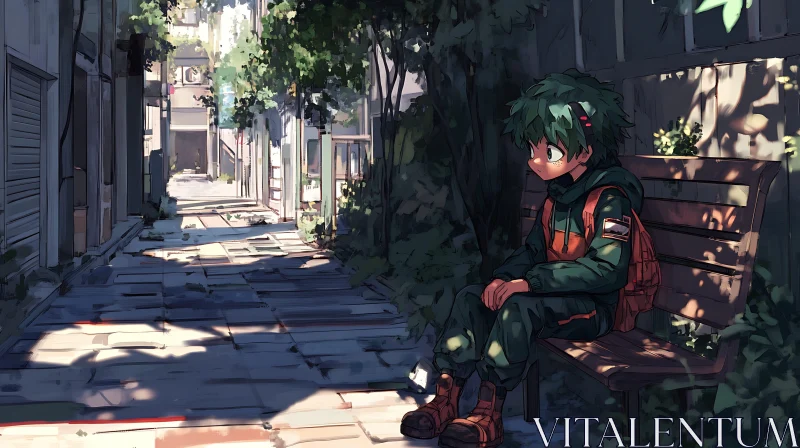 Thoughtful Anime Figure in Urban Greenery AI Image