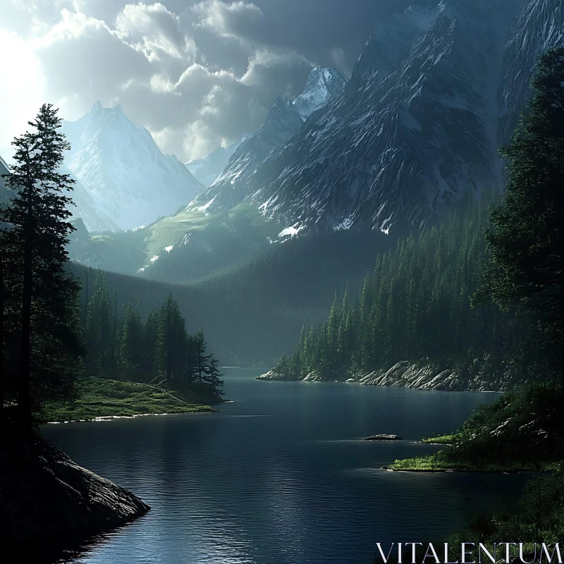 Still Waters: A Mountainous Landscape Painting AI Image