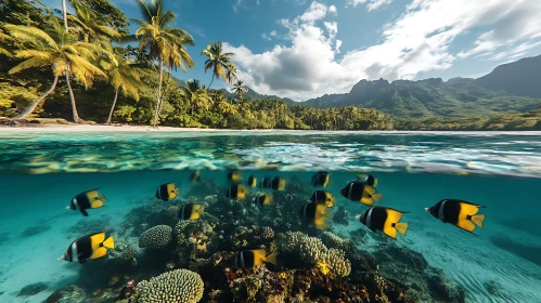 Tropical Island Split View with Fish