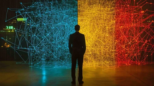 Man in Suit Facing Abstract Light Installation