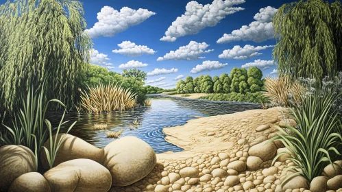 Calm River Scene with Vegetation and Pebbled Shore