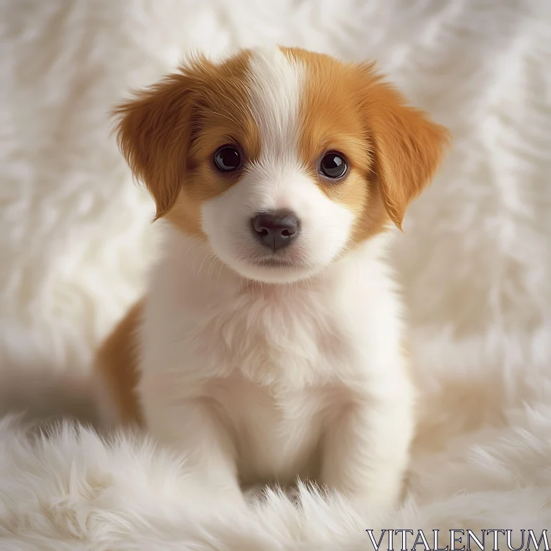 Cute Brown and White Puppy on Fluffy Surface AI Image