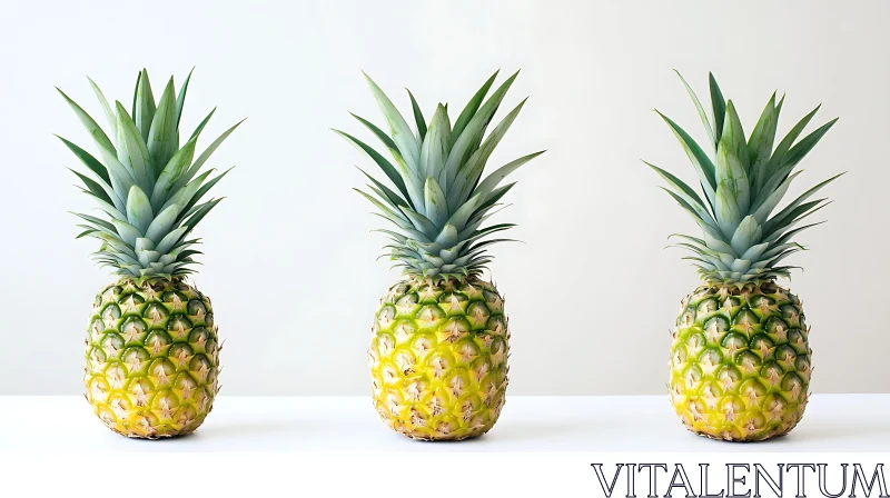 Three Fresh Pineapples on White Surface AI Image