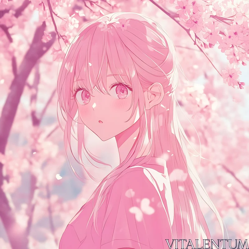 Gentle Anime Girl Surrounded by Blooming Cherry Blossoms AI Image