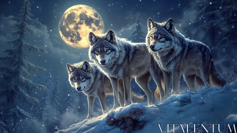 AI ART Nocturnal Pack: Wolves and Moon