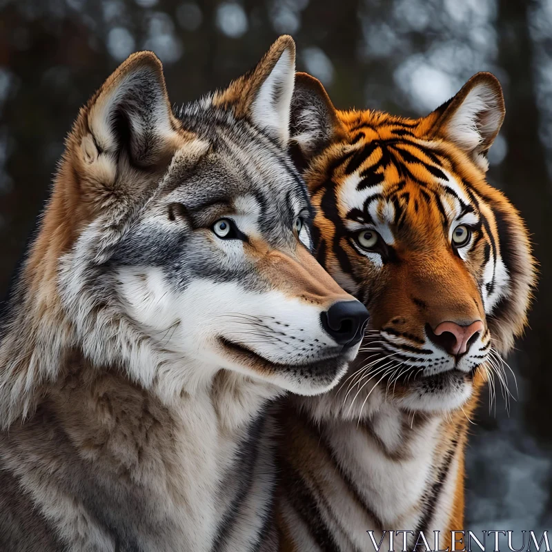 Portrait of a Wolf and Tiger Companionship AI Image