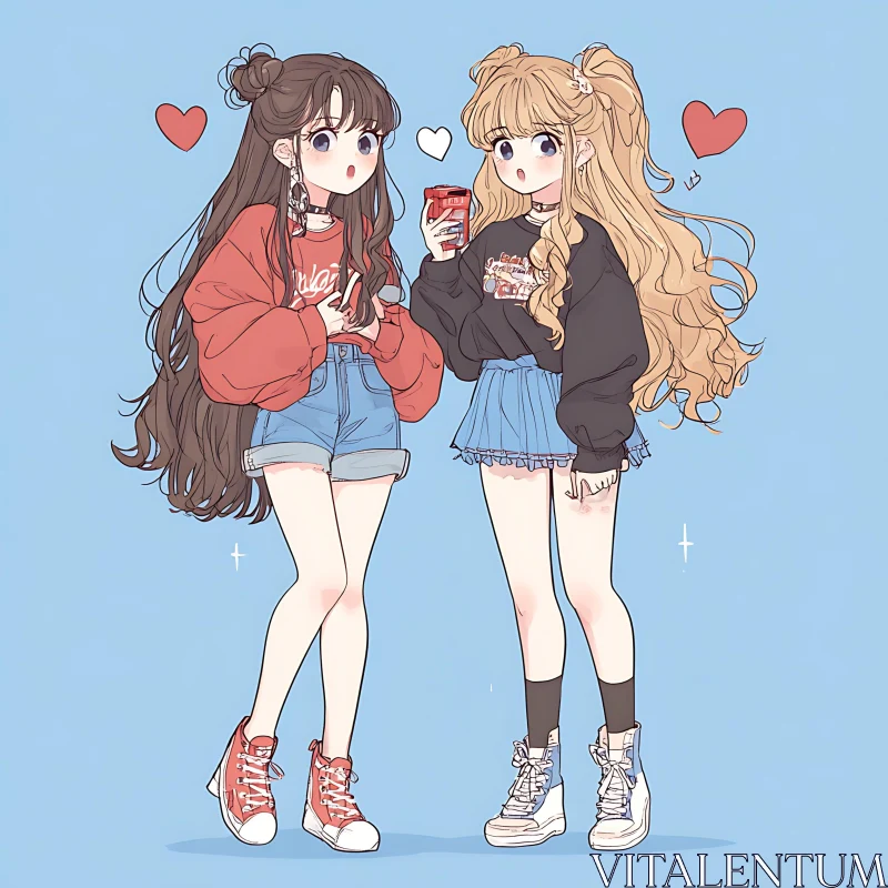 Charming Anime Duo in Stylish Outfits AI Image