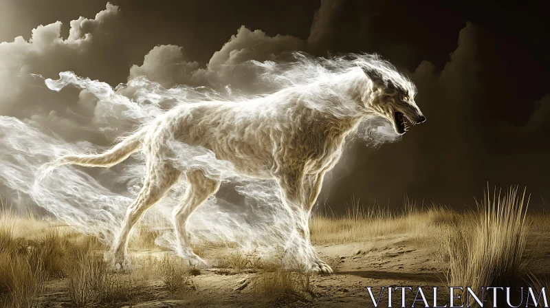 Ghostly Wolf in Barren Landscape AI Image