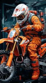 Sci-Fi Portrayal of Spaceman on Orange Dirt Bike