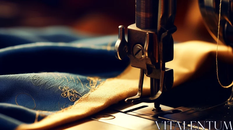 Vintage Sewing Machine with Luxurious Blue Fabric AI Image