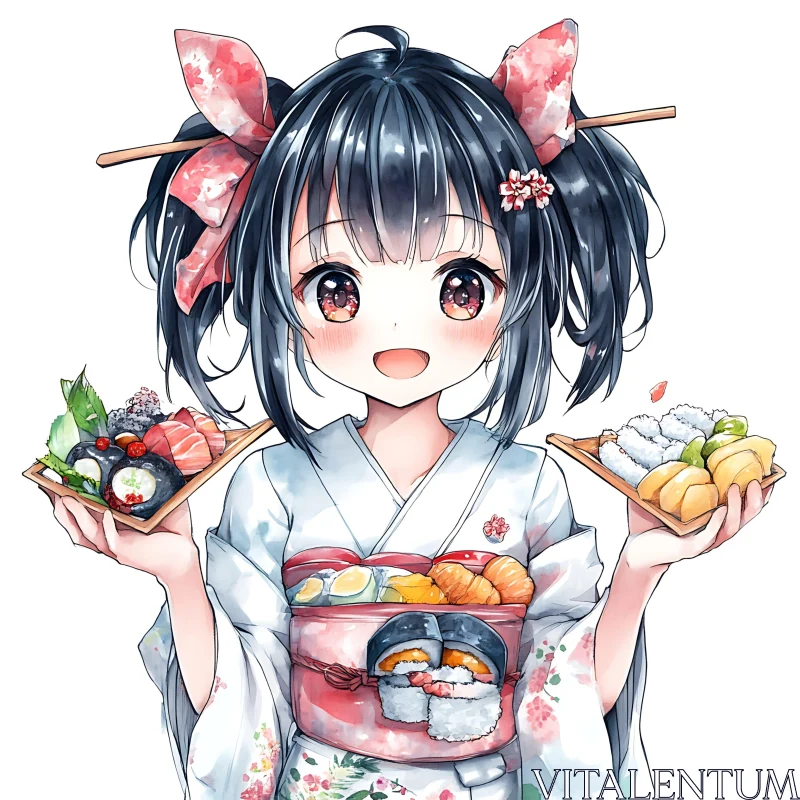 Anime Girl Holding Sushi in Traditional Kimono AI Image