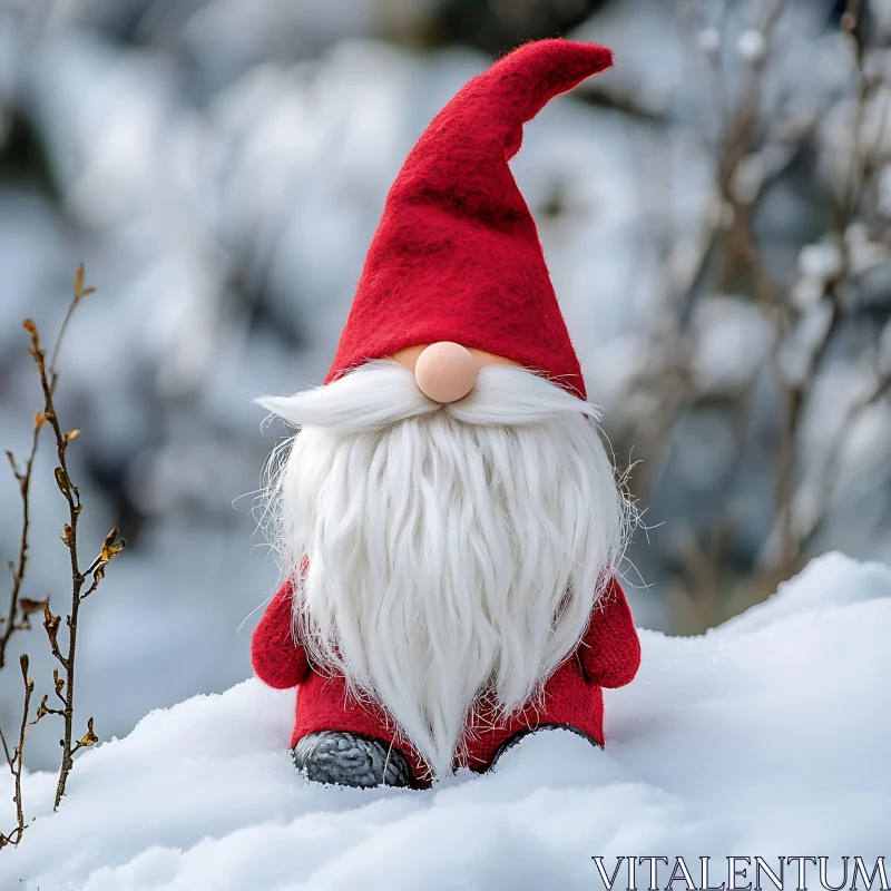 Red Hat Gnome in Snowy Landscape AI Image