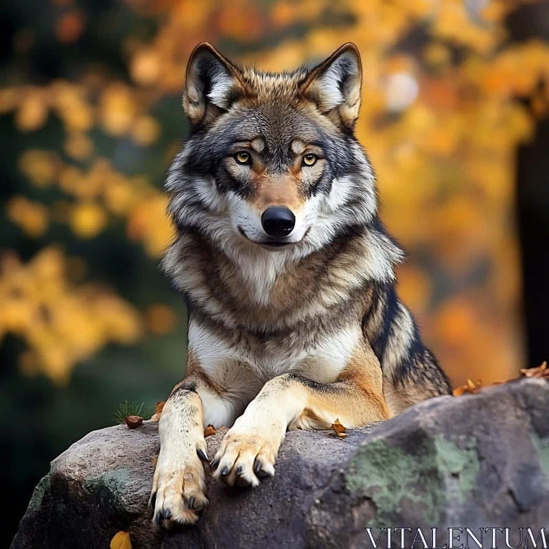 AI ART Wolf Resting on Rock in Autumn