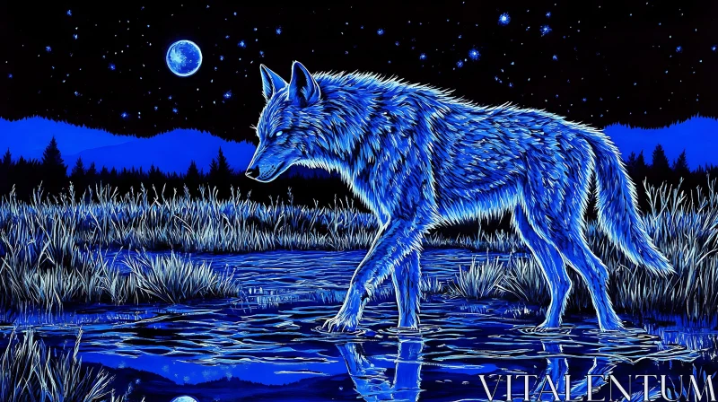 Blue Wolf Under the Moon AI Image