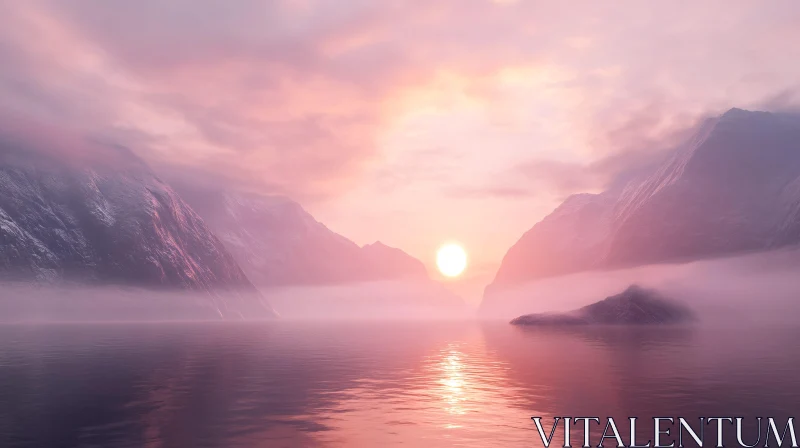 Ethereal Sunset Amidst Mist-Covered Peaks AI Image