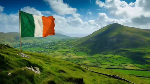 Irish Flag Over Rolling Hills