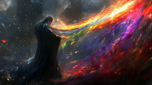 Rainbow Light Harpist in Starry Sky