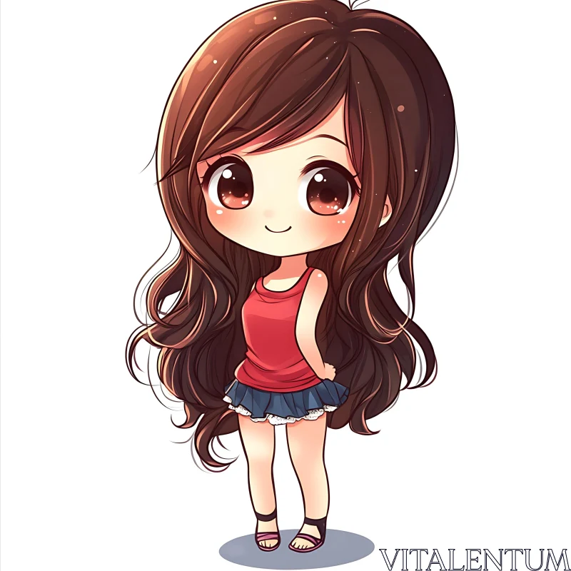 Cute Chibi Girl in Red Top and Blue Skirt AI Image