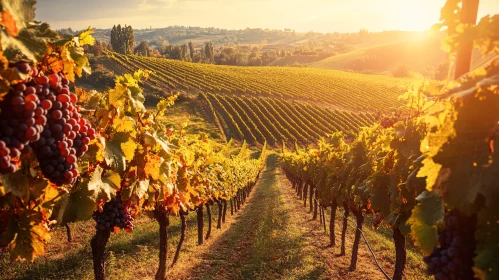 Golden Sunset Over Vineyard with Grapevines