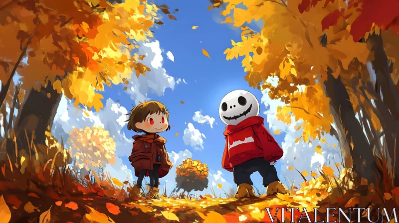 Whimsical Autumn Encounter in Children's Art AI Image