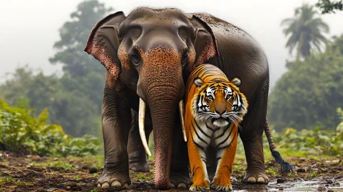 Tiger and Elephant in the Jungle