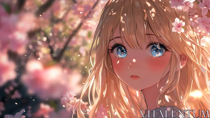 AI ART Anime Girl with Blonde Hair and Blue Eyes in Spring