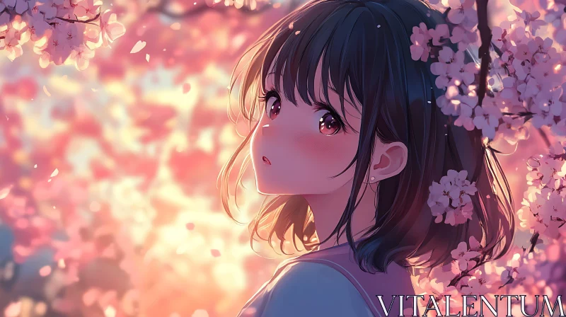 Serene Moment: Anime Girl with Cherry Blossoms AI Image