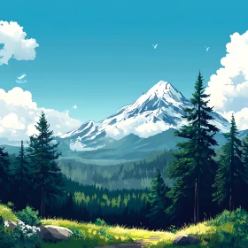 Snowy Mountain Peak with Green Forest