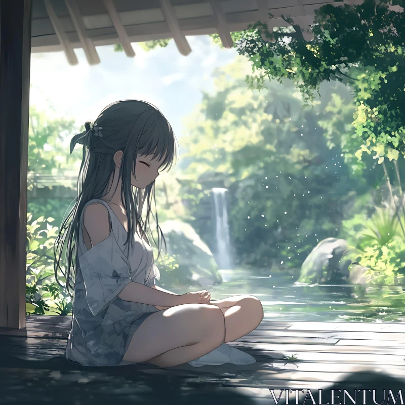 Anime Girl in a Tranquil Nature Setting AI Image