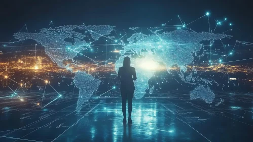 Digital World Map with Woman Silhouette