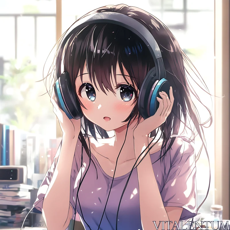 Cute Anime Girl Enjoying Music AI Image