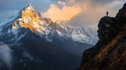 Hiker on Mountain Peak at Sunset