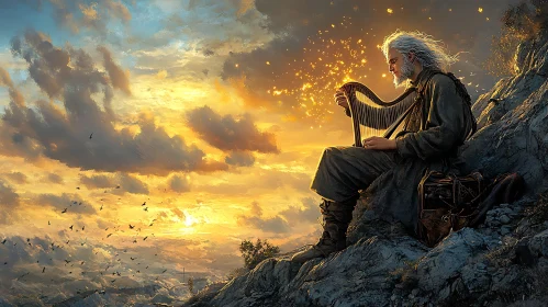 Man Playing Harp on Mountain at Sunset