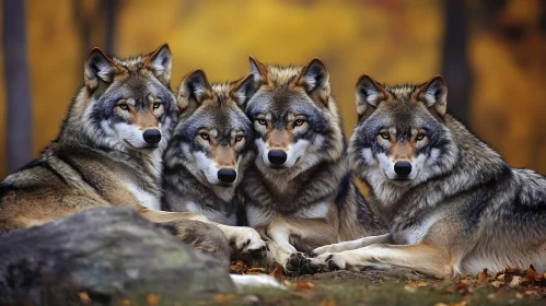 Wolves Pack Portrait in the Woods