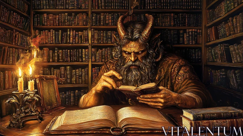 Horned Demon Reads Old Book AI Image