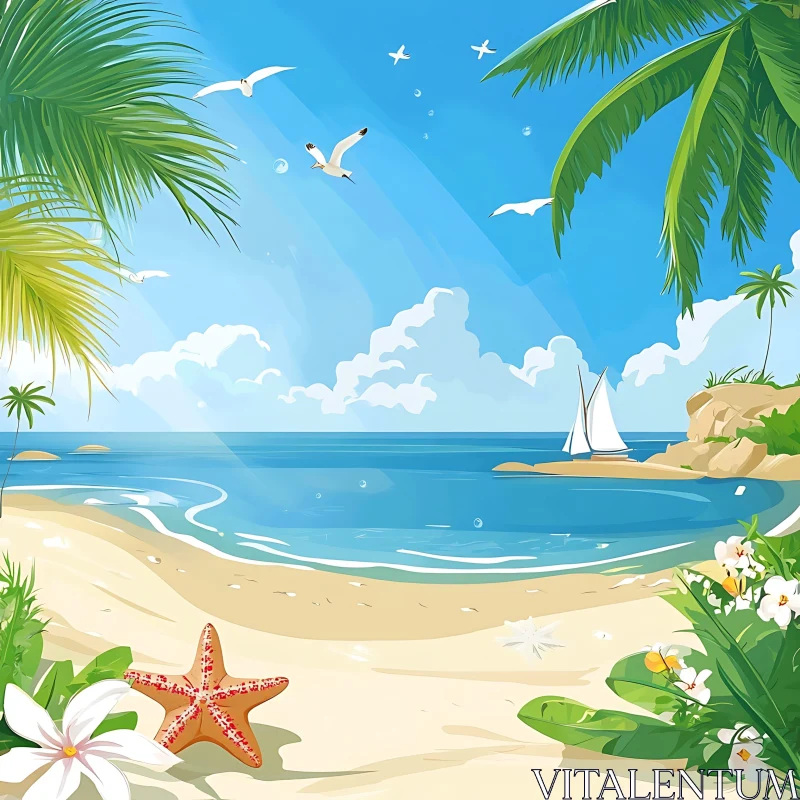 AI ART Tropical Beach with Palm Trees and Seagulls