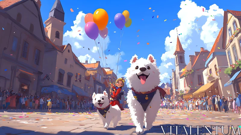 Festive Street Parade with Dogs and Balloons AI Image