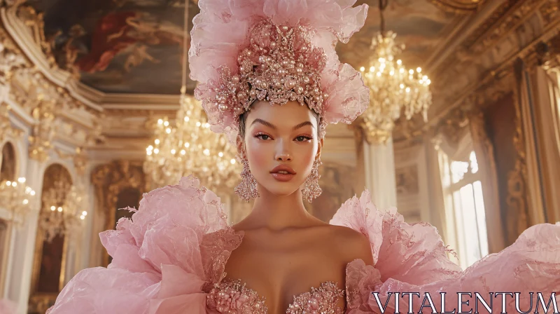 Woman Wearing Beaded Pink Gown in Opulent Ballroom Setting AI Image