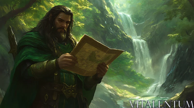 Man with map near waterfall AI Image