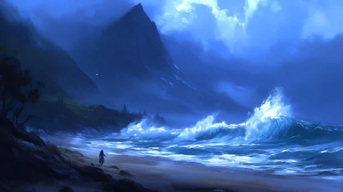 Blue Seascape with Figure on Beach