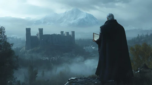 Man and Castle in Foggy Landscape