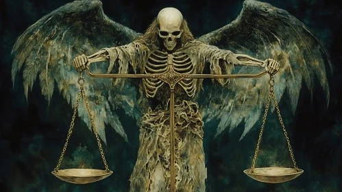 Winged Skeleton Holding Scales Artwork
