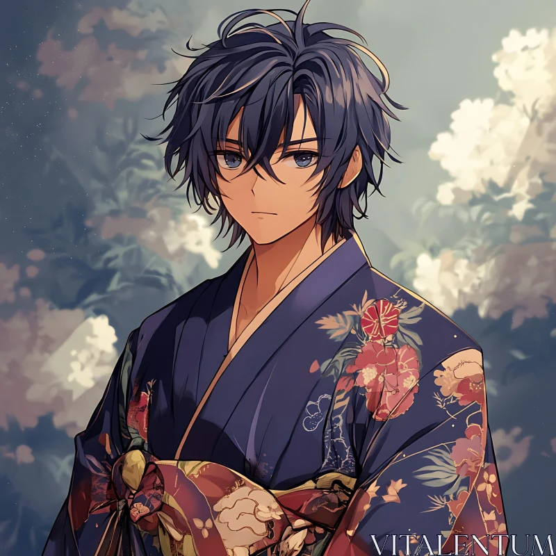 Traditional Anime Portrait with Floral Kimono AI Image