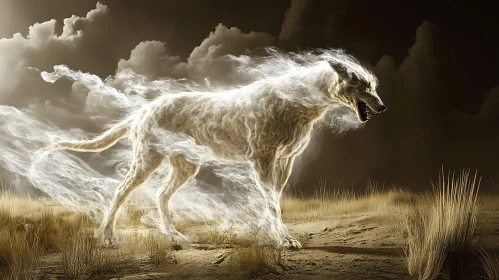 Ghostly Wolf in Barren Landscape