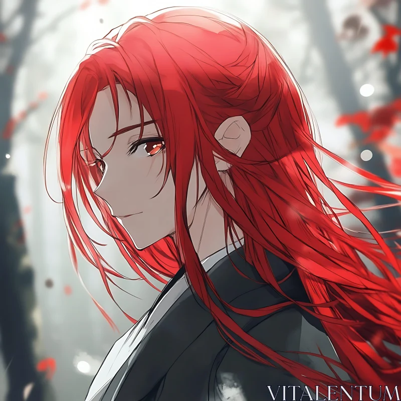 Red-Haired Anime Girl in Misty Forest AI Image