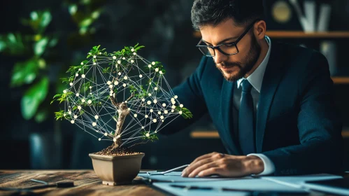 Man and Bonsai Tree: Networking Concept